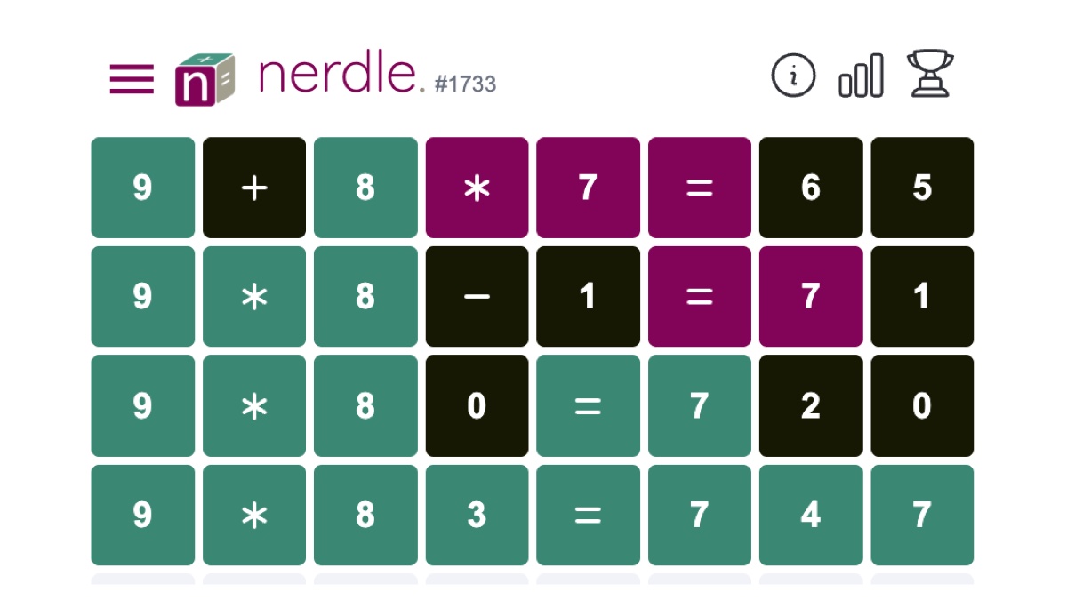Nerdle puzzle 1733 solved in 4 guesses, ending with 9*83=747