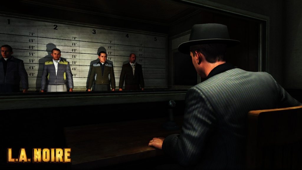 A detective watches a police lineup of four suspects in Rockstar's 2011 game L.A. Noire