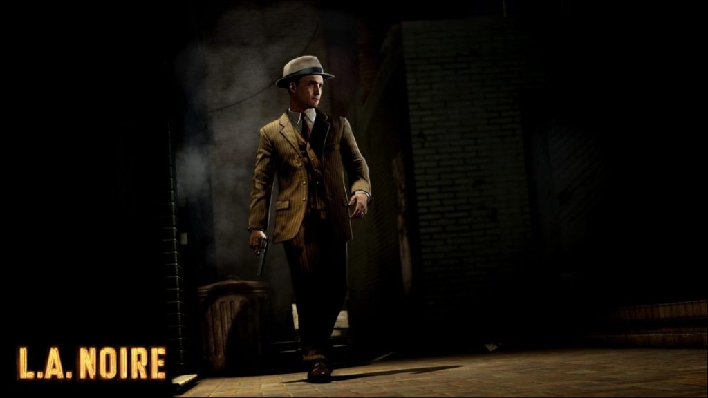 Detective in a fedora walking through a dark alley in Rockstar's 2011 game L.A. Noire