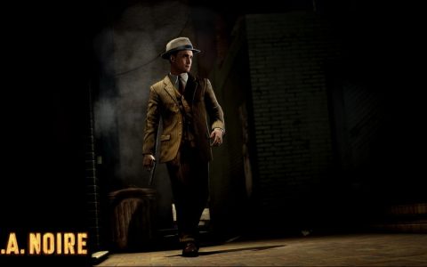 Detective in a fedora walking through a dark alley in Rockstar's 2011 game L.A. Noire