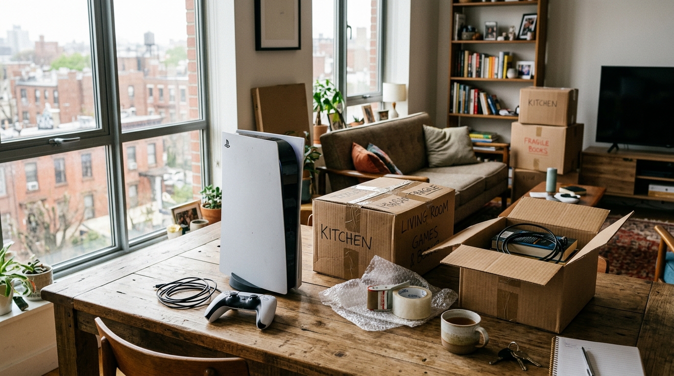 A PlayStation 5 console and controller next to unpacked moving boxes in an apartment