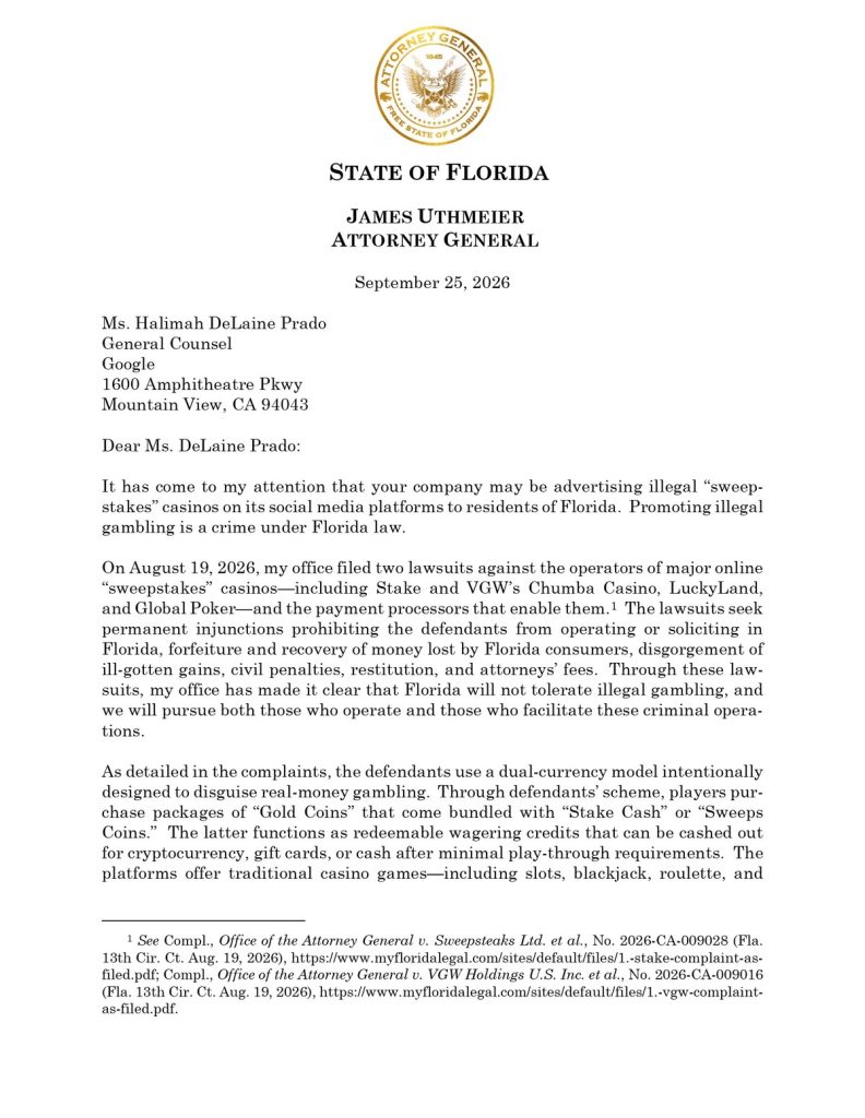First page of the Florida attorney general's letter to Google about sweepstakes casino ads