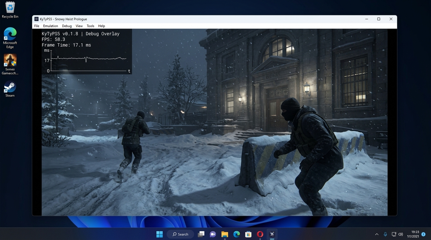 PC emulator window showing KyTyPS5 running the snowy North Yankton prologue of GTA 5 with performance debug overlay
