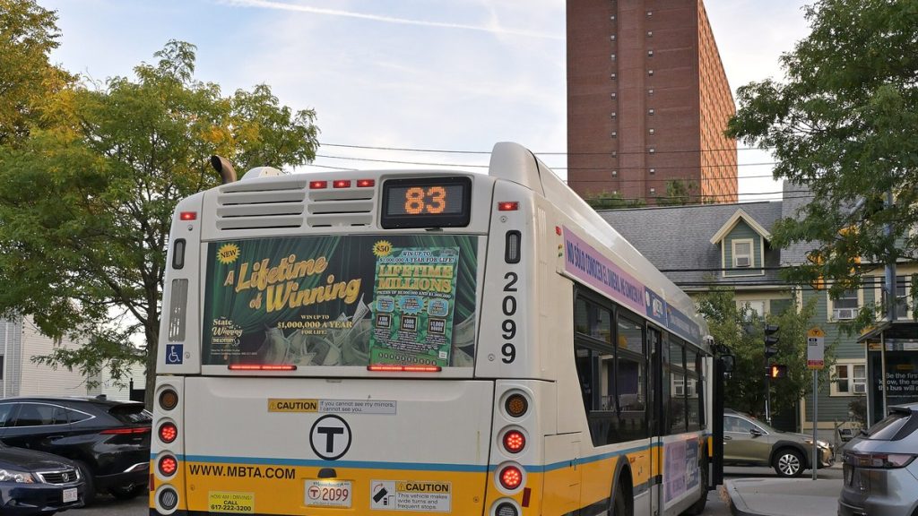 MBTA bus displaying a Massachusetts Lottery advertisement for an instant ticket game