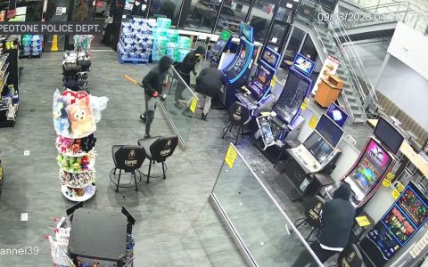 Masked people using hammers to damage video gaming machines at the Peotone Travel Center in Peotone, Illinois, in a Peotone Police Department surveillance image