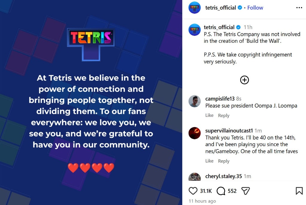 The Tetris Company's official Instagram statement disowning the White House's Build the Wall game