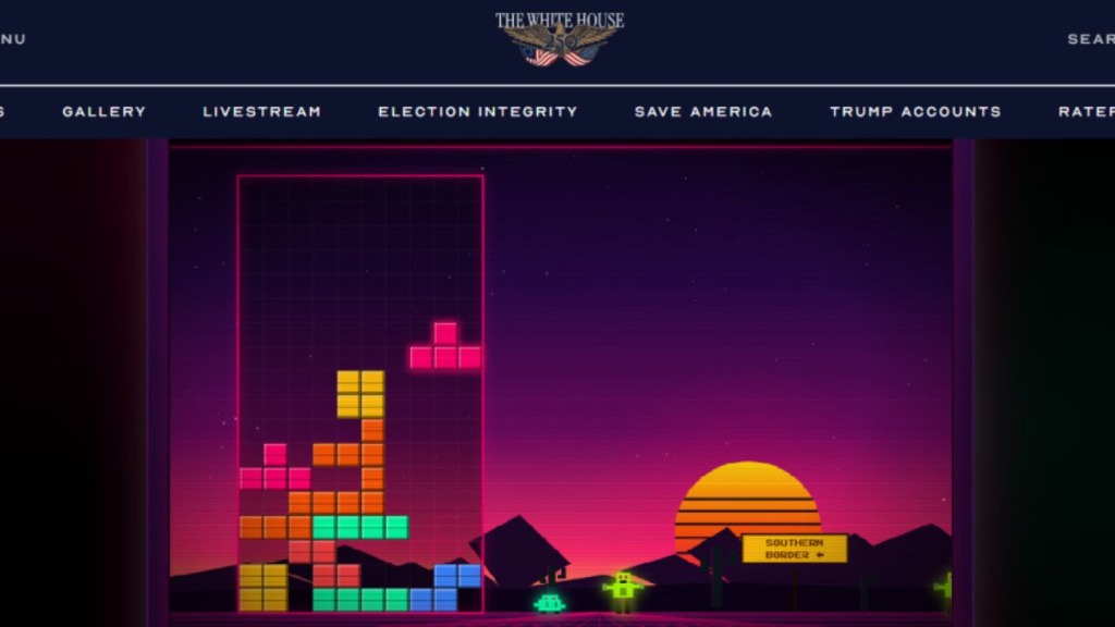 In-game screenshot of the White House's Build the Wall browser game showing falling tetromino blocks and synthwave border backdrop