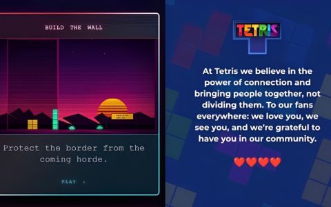 Side-by-side comparison of the White House Build the Wall game and The Tetris Company's statement