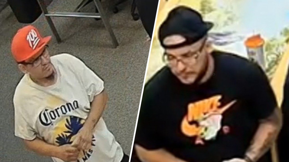 Surveillance camera photos released by Wyomissing police showing two men sought in connection with the theft of an $8,000 One Piece card