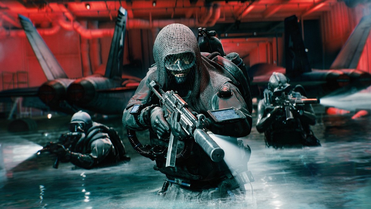 Soldiers wade through a flooded aircraft hangar in Battlefield 6