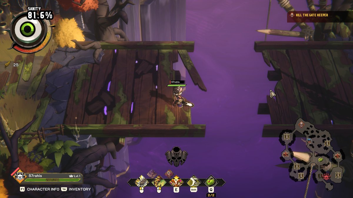 Sister Kamara standing on a broken wooden bridge over a purple chasm