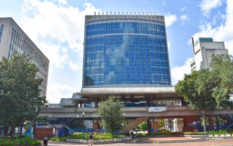 Bryan Simpson United States Courthouse, a blue glass tower in downtown Jacksonville, Florida