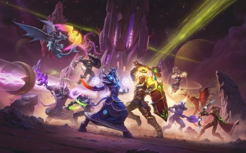 World of Warcraft heroes charging into battle under a purple sky with fel-green beams