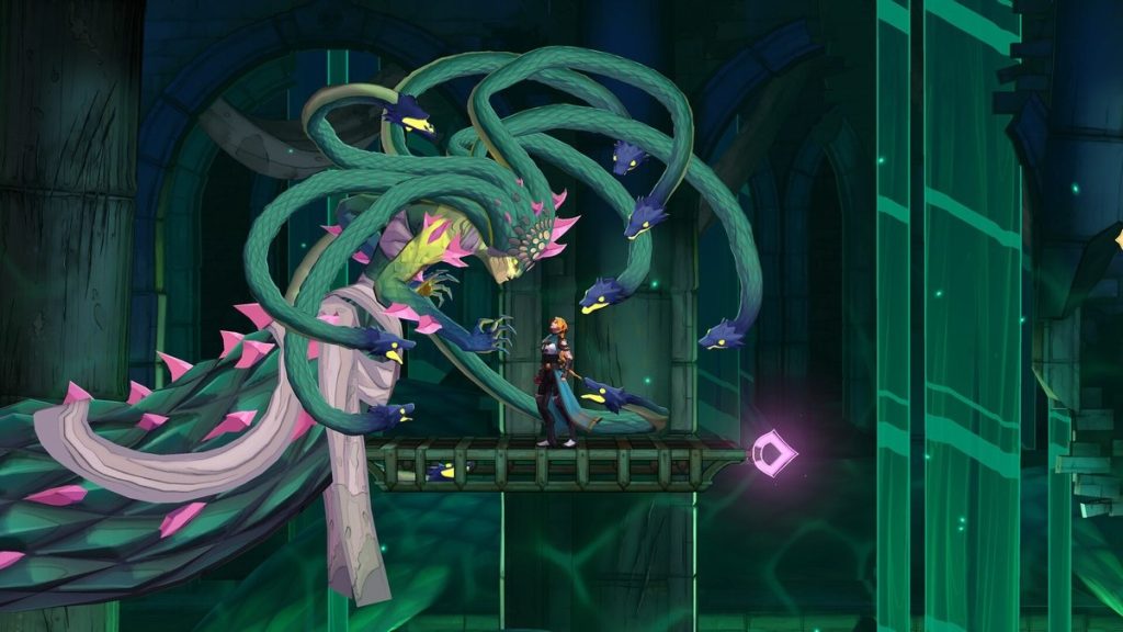 Rose Belmont faces a giant snake-haired boss on a narrow platform