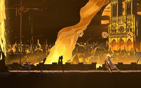 A burning city skyline with a Gothic cathedral in Castlevania: Belmont’s Curse