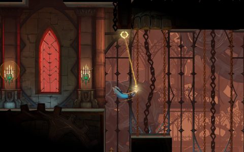 Castlevania: Belmont’s Curse gameplay showing a character swinging from a whip anchor in a gothic hall