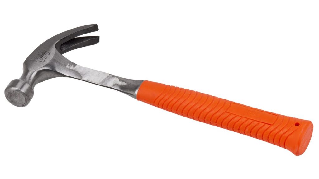 A claw hammer with an orange handle on a white background
