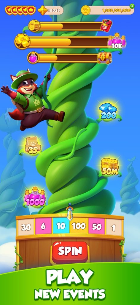 A Crazy Fox event screen showing a character climbing a giant beanstalk past reward icons, with a spin button at the bottom