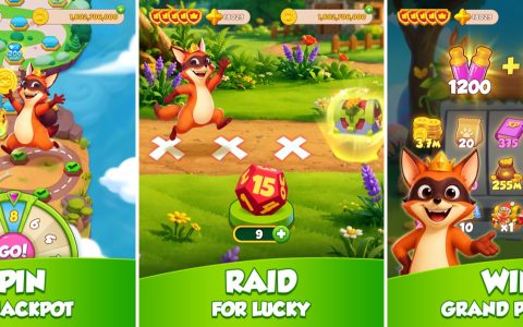 Three Crazy Fox screenshots side by side: a fox beside a prize wheel, a fox on a raid board with a dice, and a crowned fox in front of a grid of prizes