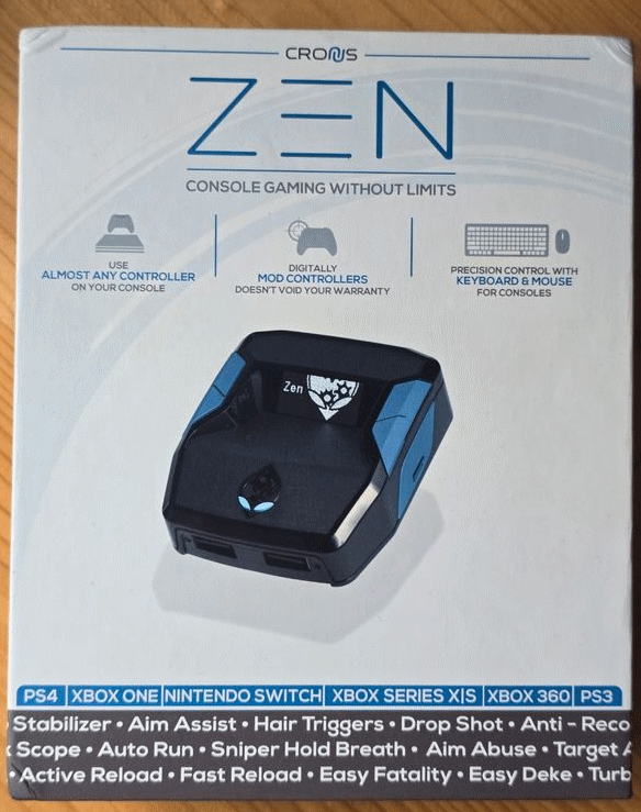 Cronus Zen retail box listing features such as aim assist and anti-recoil
