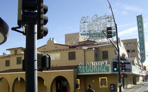El Cortez Hotel with its rooftop sign and a Gambling sign at Sixth and Fremont streets in Las Vegas
