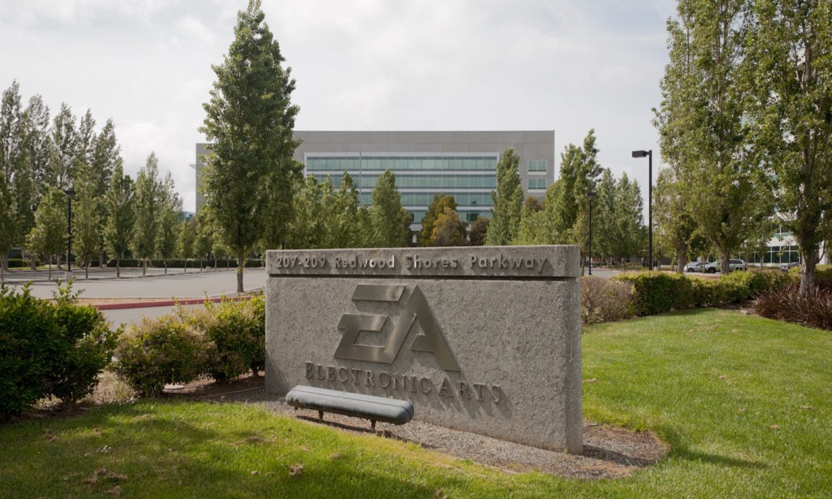 The Electronic Arts sign at 207-209 Redwood Shores Parkway, with an EA office building behind it