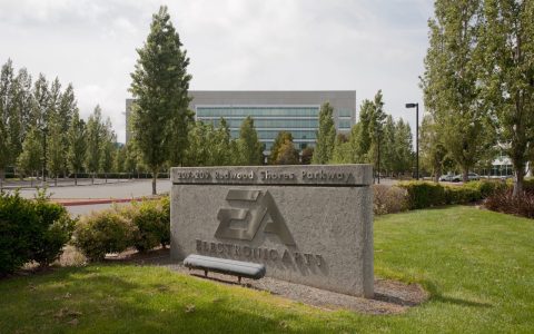 The Electronic Arts sign at 207-209 Redwood Shores Parkway, with an EA office building behind it