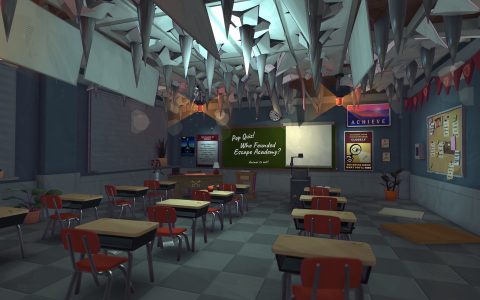 A classroom with desks and a chalkboard reading Pop Quiz in Escape Academy 2