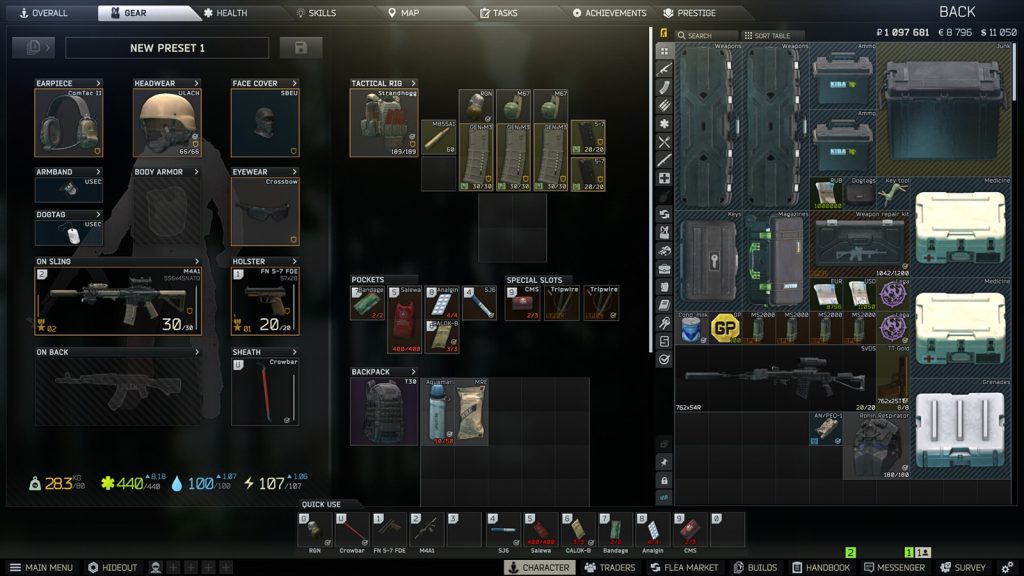 The Escape From Tarkov gear screen, with slots for weapons, armor, rigs and a backpack