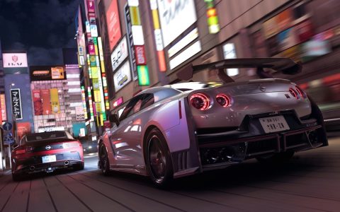 A Nissan GT-R Nismo races down a neon-lit street in Forza Horizon 6