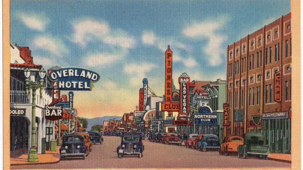 Postcard of Fremont Street in Las Vegas with the Northern Club, Pioneer Club and Overland Hotel signs