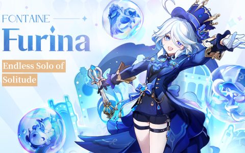 Official artwork of Furina in a blue and black outfit and top hat, surrounded by water bubbles