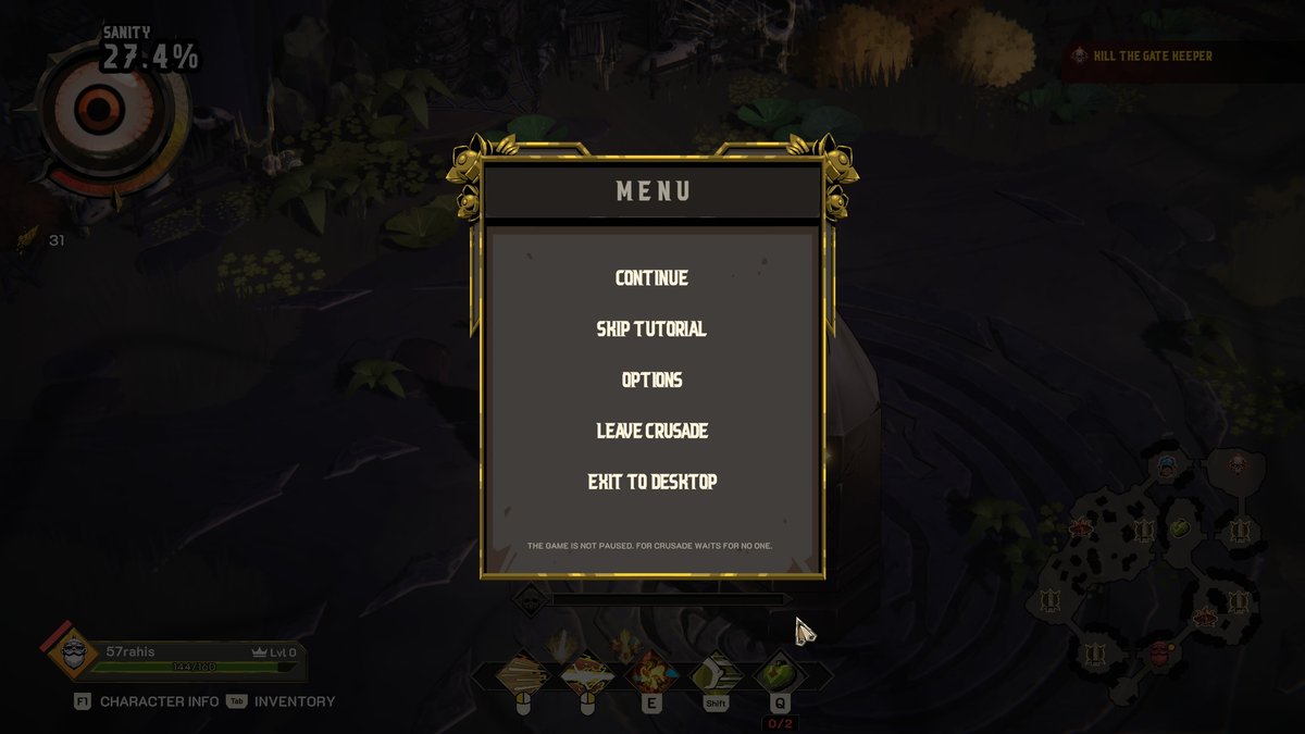 In-game menu stating the game is not paused