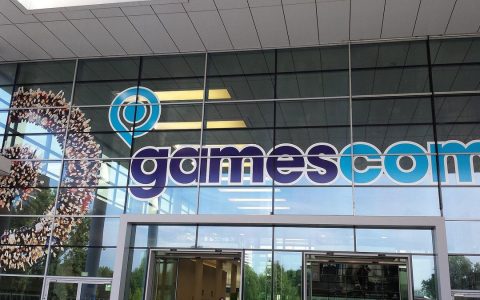 Gamescom sign over the Koelnmesse south entrance in Cologne