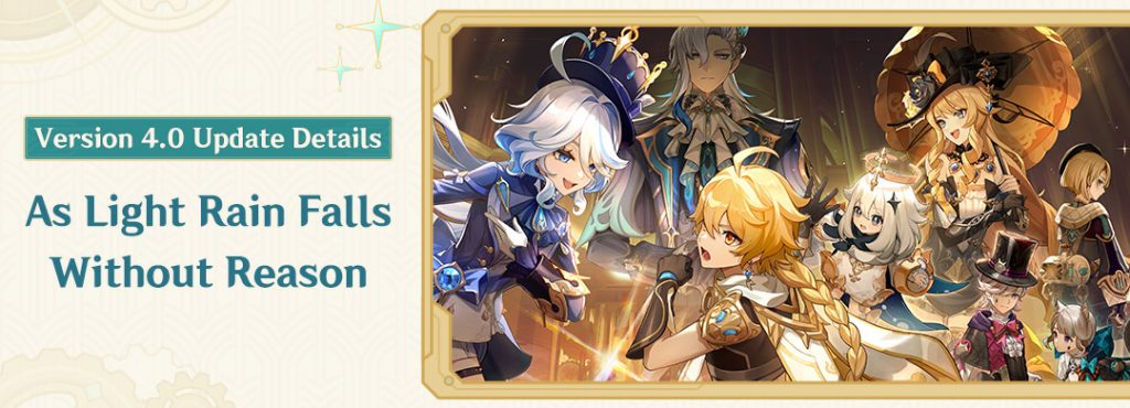 Version 4.0 banner reading As Light Rain Falls Without Reason, with Fontaine characters on the right