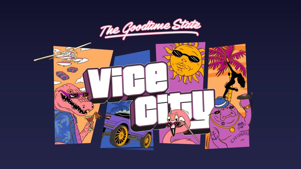 Cartoon-style "The Goodtime State Vice City" logo artwork with an alligator, a sun in sunglasses and a classic car