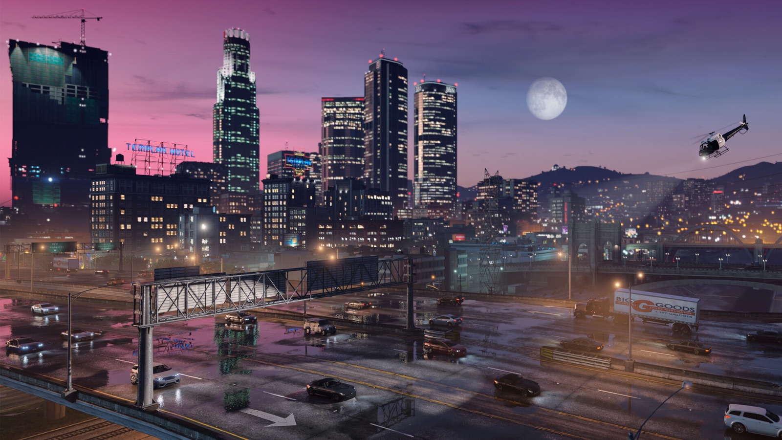 The downtown Los Santos skyline at dusk with a freeway and a police helicopter in Grand Theft Auto 5