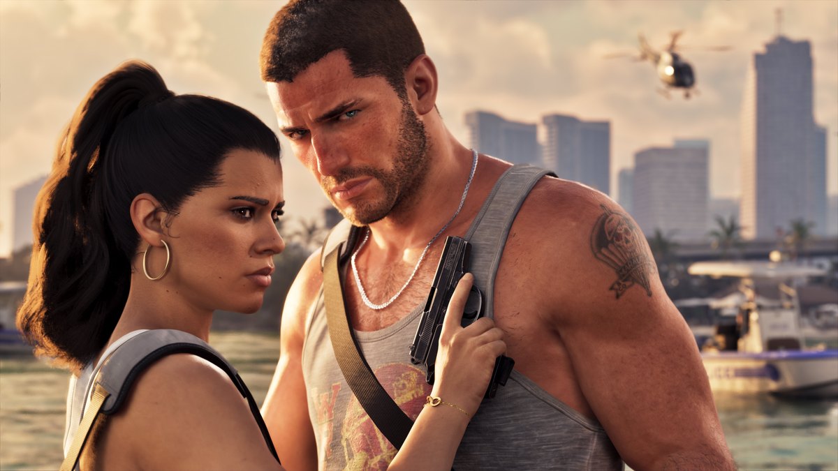 Jason and Lucia from Grand Theft Auto VI standing by the water with a city skyline and a helicopter behind them
