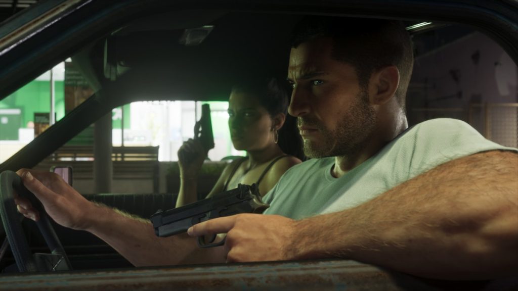 Jason drives with Lucia holding a pistol in the passenger seat in Grand Theft Auto VI