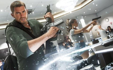 Jason holds a rifle while Lucia aims a pistol inside a store in Grand Theft Auto VI