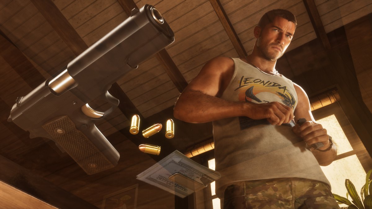 Jason from Grand Theft Auto VI stands behind a glass table with a pistol, loose ammunition and cash on it