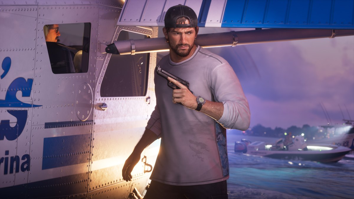 Jason stands beside a seaplane at a marina in Grand Theft Auto VI