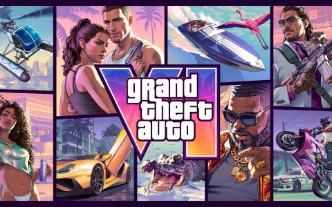 Grand Theft Auto VI cover art: the game logo surrounded by panels showing Jason, Lucia, a helicopter, a speedboat, an alligator and a sports car