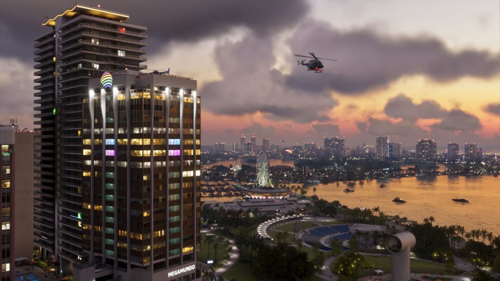 Vice City skyline at sunset with a helicopter in Grand Theft Auto VI