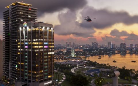 Vice City skyline at sunset with a helicopter in Grand Theft Auto VI