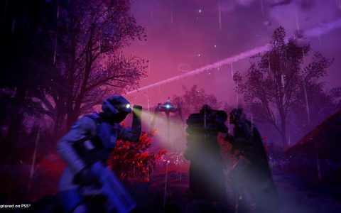 Helldivers 2 soldiers with flashlights in a dark purple forest