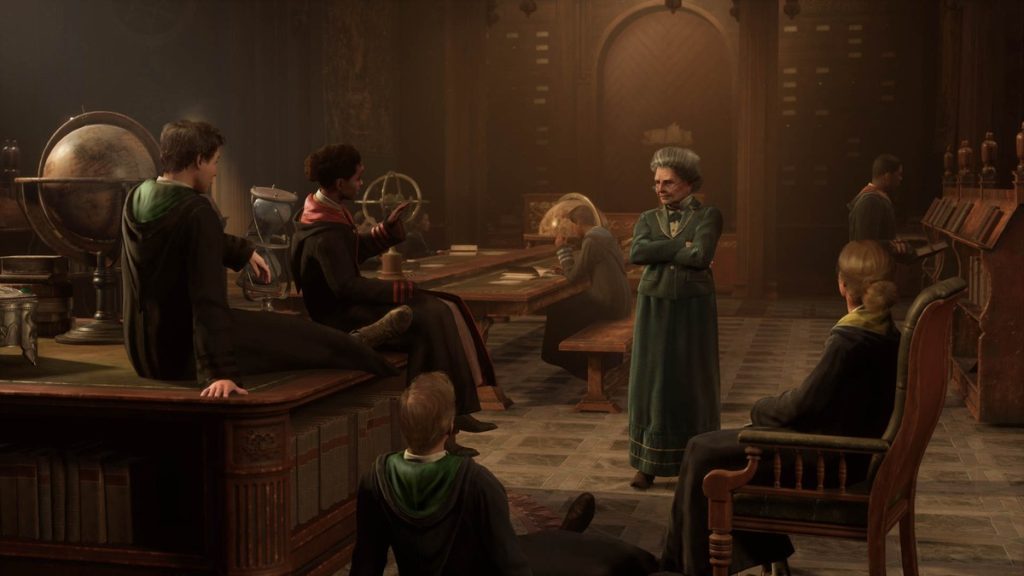 Students and a professor in a Hogwarts Legacy classroom