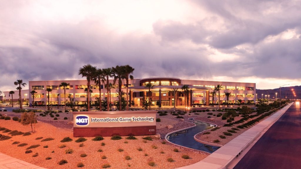 IGT office building in Las Vegas with an International Game Technology sign at dusk