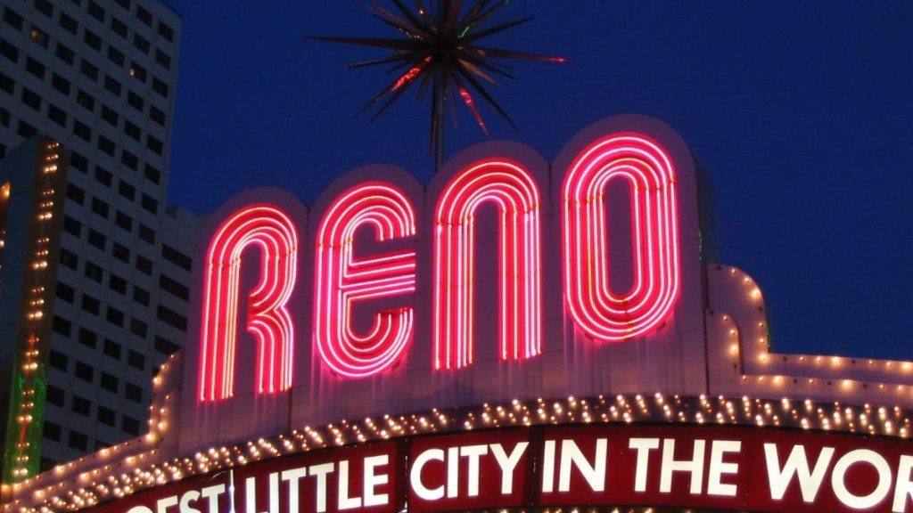 Neon Reno Arch sign over Virginia Street in downtown Reno, Nevada