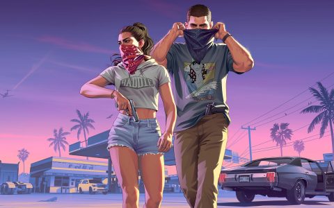 Illustration of Jason and Lucia walking away from a gas station at sunset, Jason pulling a bandana over his face